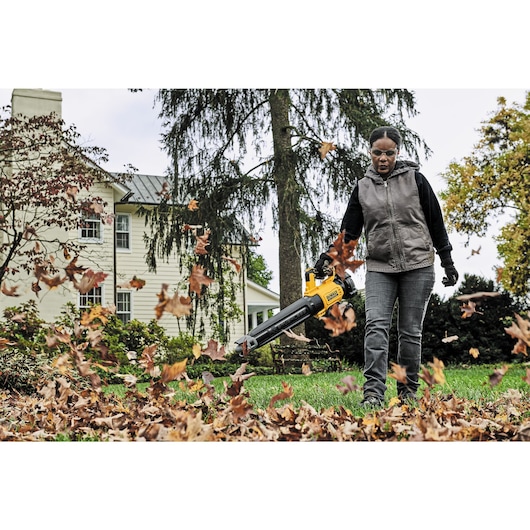 LITHIUM ION XR® Brushless, handheld blower with nozzle being used by a person to blow leaves off  ground in a lawn. 
