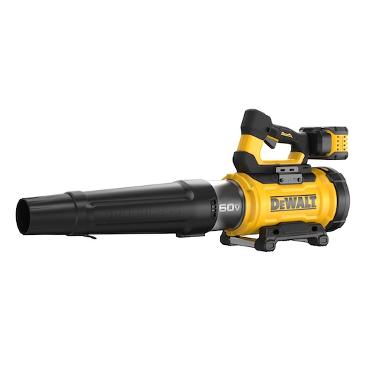 DEWALT 60V MAX Brushless Cordless Low-Noise Blower Kit with FLEXVOLT battery viewed from the front right side on white background