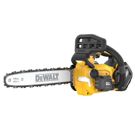 DEWALT 60V MAX Brushless Cordless Top Handle Chainsaw viewed from the front right side on white background