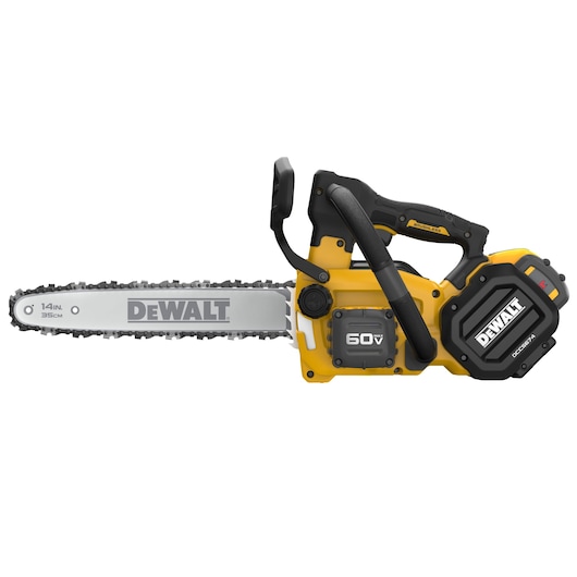 DEWALT 60V MAX Brushless Cordless Top Handle Chainsaw Kit with FLEXVOLT battery viewed straight on showing the front of the tool on white background
