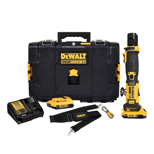 DEWALT Compact Inline Press Tool with Tough System Box with batteries, strap, cord, and charger.