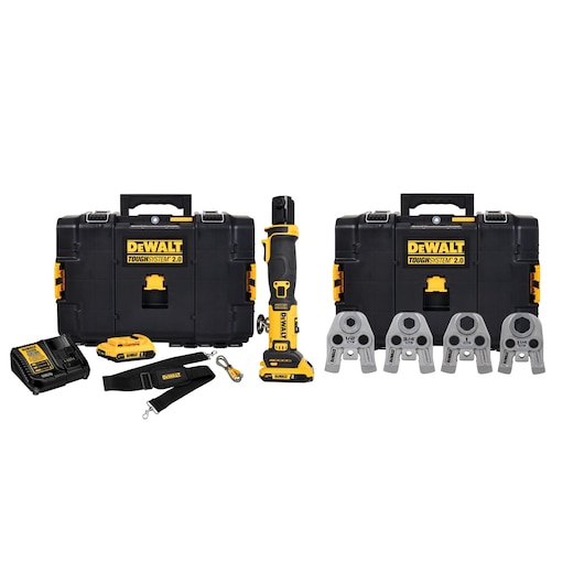 DEWALT Compact Inline Press Tool with two Tough System boxes, two batteries, charger, strap, cord, and jaws