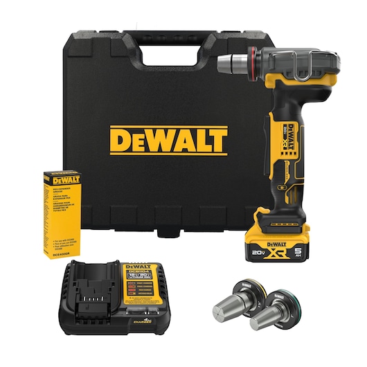 DEWALT 20V MAX(*) XR 1-1/2 inch PEX Expander kit showing the pex expander, expander heads, pex expander grease, battery and charger in front of the kit box. 