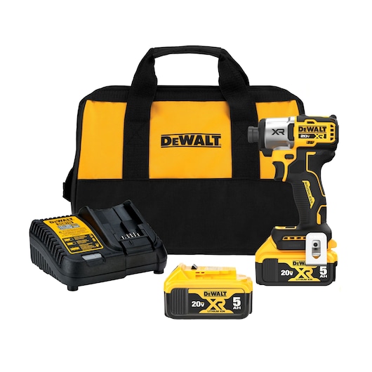 1/4 inch 3-Speed Impact Driver tool kit that includes a charger, kit bag, and two 20V MAX five amp hour batteries