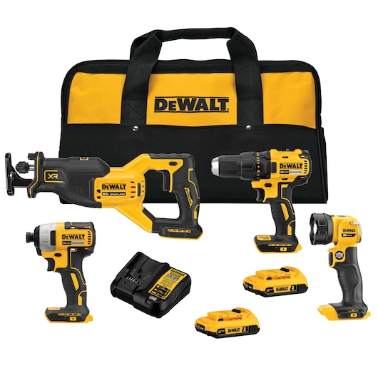 4 Tool Brushless Power Tool Combo with 2 Batteries and charger kit.