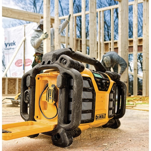 Bluetooth Radio Adaptor streaming music on worksite.
