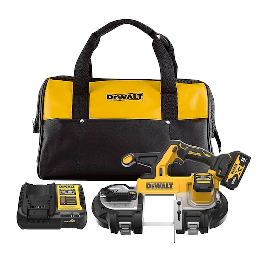 DEWALT 20V MAX* XR® Mid-Size Bandaw kit image on white background. 