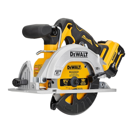 Profile of xtreme 12 volt 5 and three eighths inch brushless cordless circular saw kit.