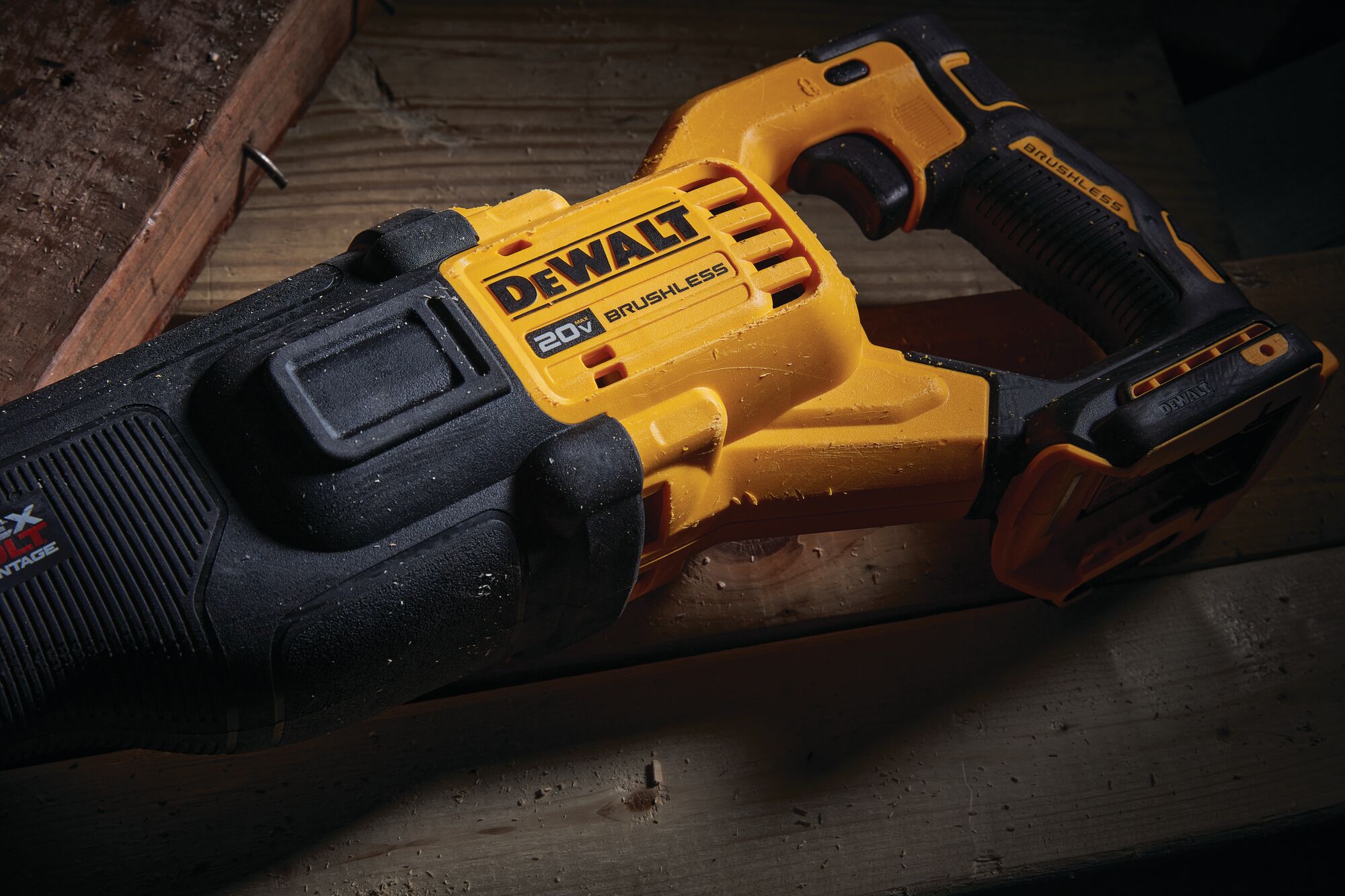 Close up of Brushless Cordless Reciprocating Saw with FLEXVOLT ADVANTAGE Close up of Brushless Cordless Reciprocating Saw with FLEXVOLT ADVANTAGE