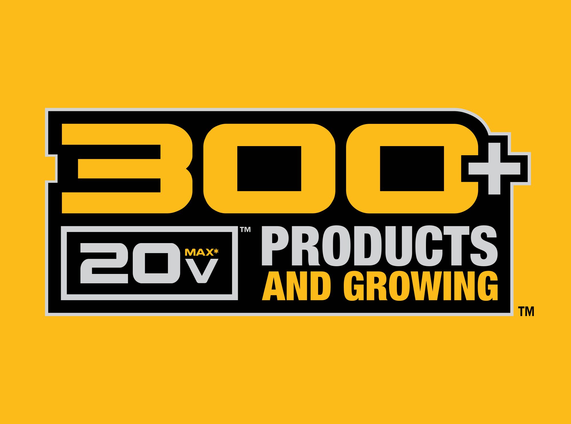 DEWALT 20V MAX 300 plus icon on solid yellow background DEWALT 20V MAX 300 plus icon on solid yellow background