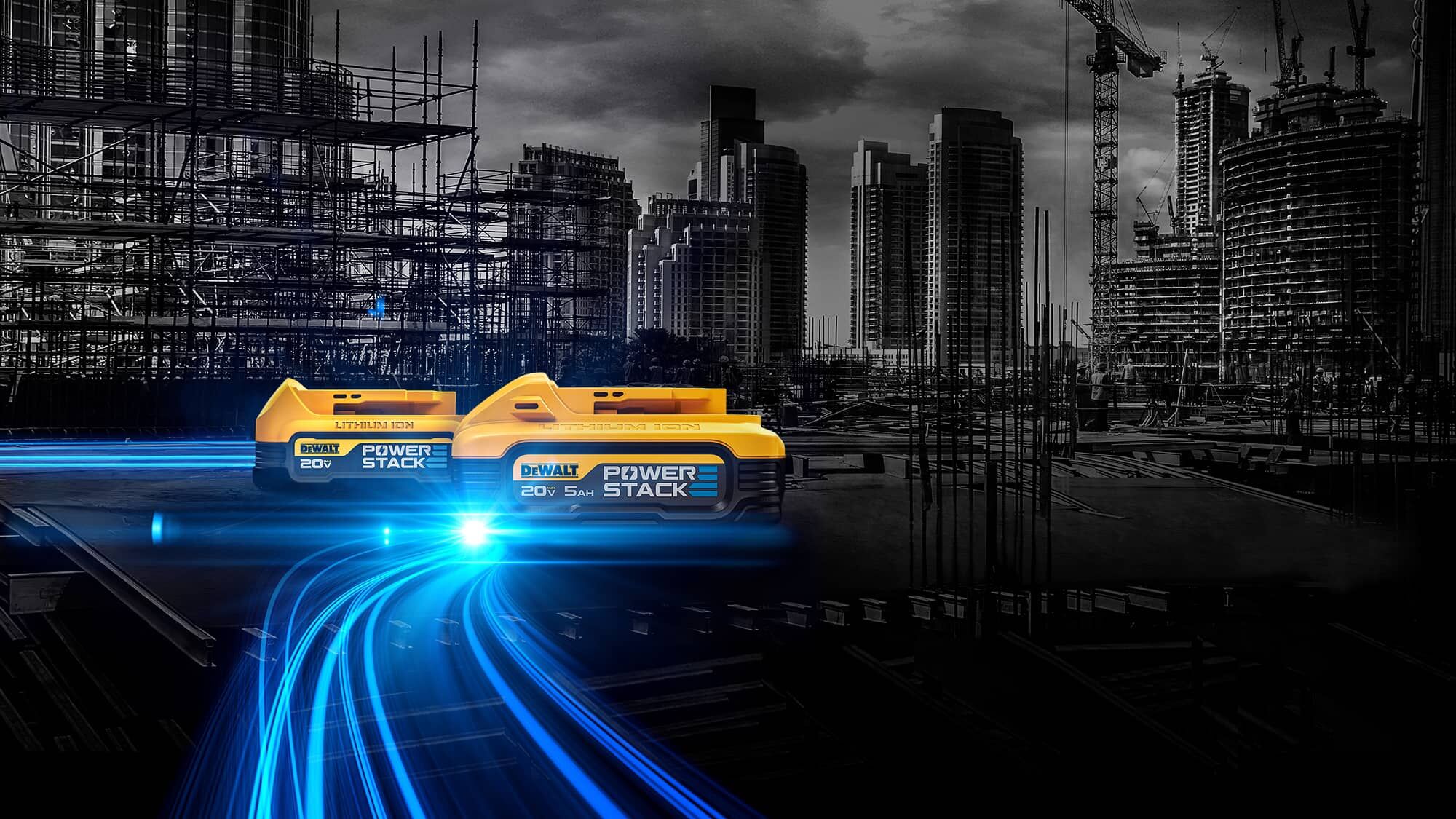 commercial construction site with dewalt powerstack five amp hour battery and compact battery with blue starlight coming out commercial construction site with dewalt powerstack five amp hour battery and compact battery with blue starlight coming out