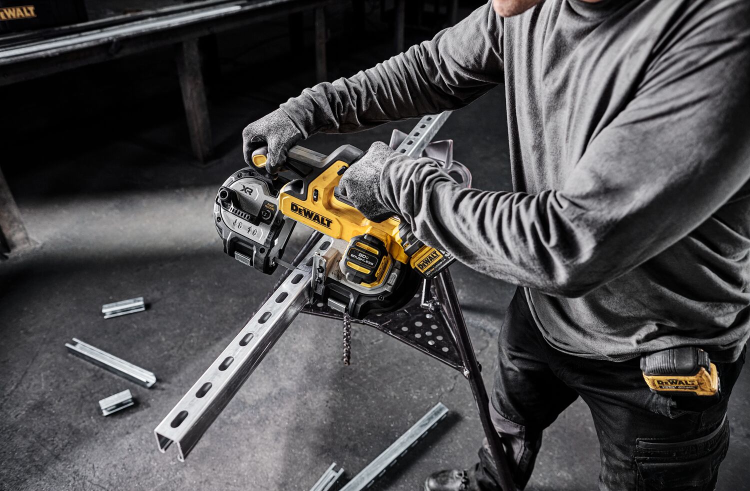 DEWALT Single Trigger Bandsaw is used to cut strut from a pipe stand in a mechanical room. DEWALT Single Trigger Bandsaw is used to cut strut from a pipe stand in a mechanical room.