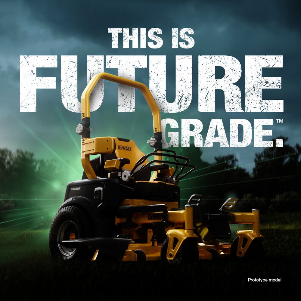 Hero shot of the DeWALT Ascent Electric Professional Mower with green lighting overshadowing Hero shot of the DeWALT Ascent Electric Professional Mower with green lighting overshadowing