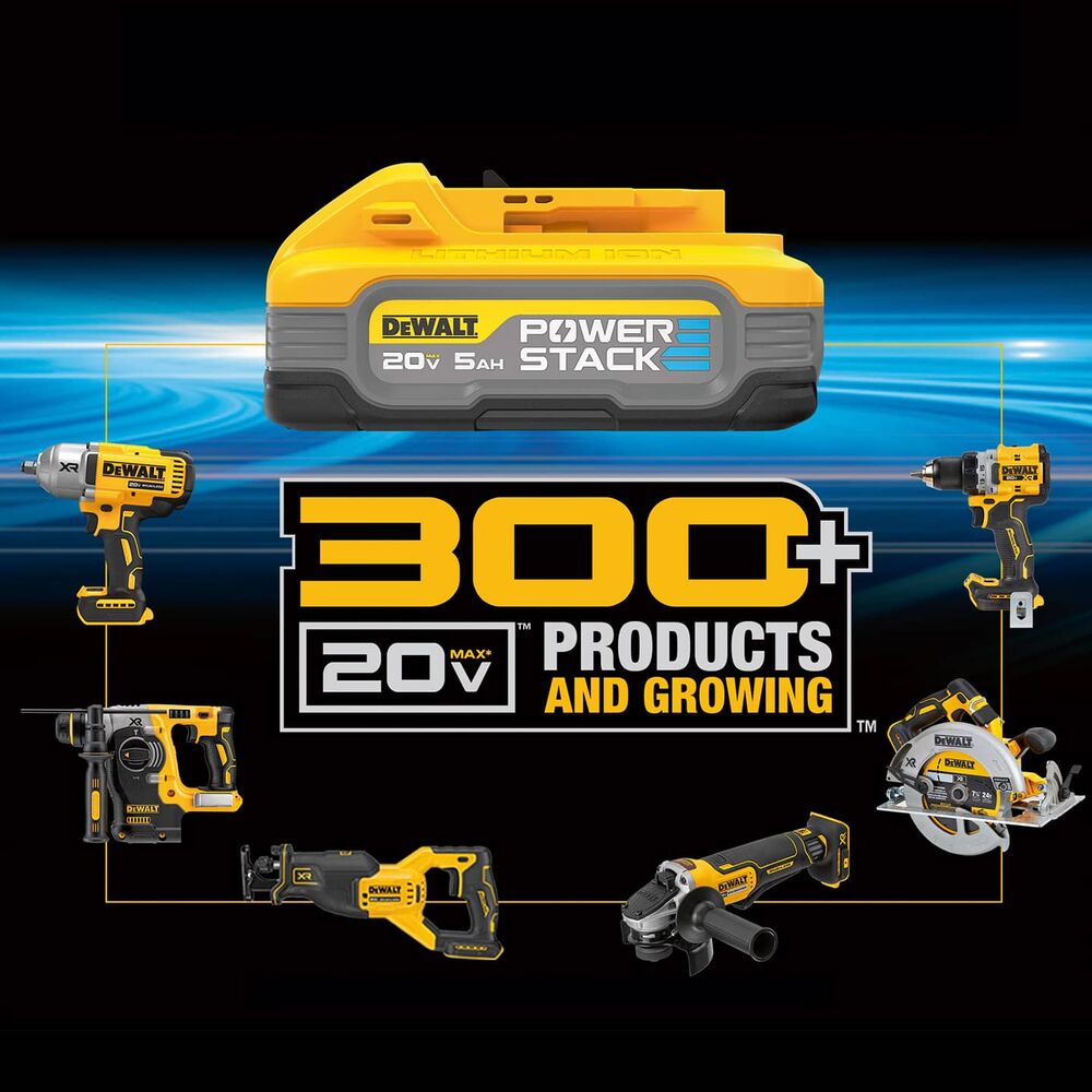 dewalt powerstack five amp hour battery with three hundred plus tools logo surrounded by twenty volt max products. dewalt powerstack five amp hour battery with three hundred plus tools logo surrounded by twenty volt max products.