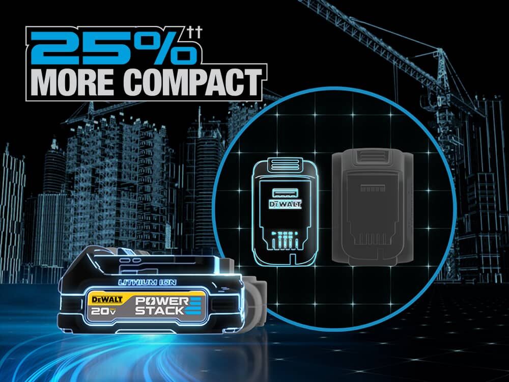 dewalt powerstack compact battery is twenty five percent more compact next to a gray cylindrical battery. dewalt powerstack compact battery is twenty five percent more compact next to a gray cylindrical battery.