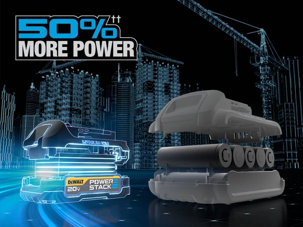 dewalt powerstack compact battery with fifty percent more power next to a gray cylindrical battery dewalt powerstack compact battery with fifty percent more power next to a gray cylindrical battery