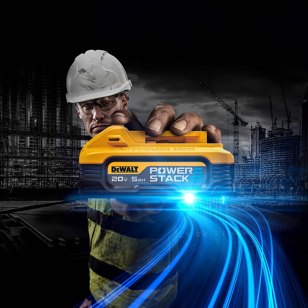 dewalt powerstack five amp hour battery held by a user on a jobsite dewalt powerstack five amp hour battery held by a user on a jobsite