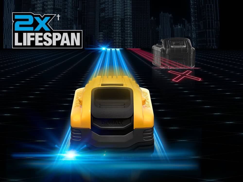 dewalt powerstack five amp hour battery with two times the lifespan next to a grayed out cylindrical battery dewalt powerstack five amp hour battery with two times the lifespan next to a grayed out cylindrical battery