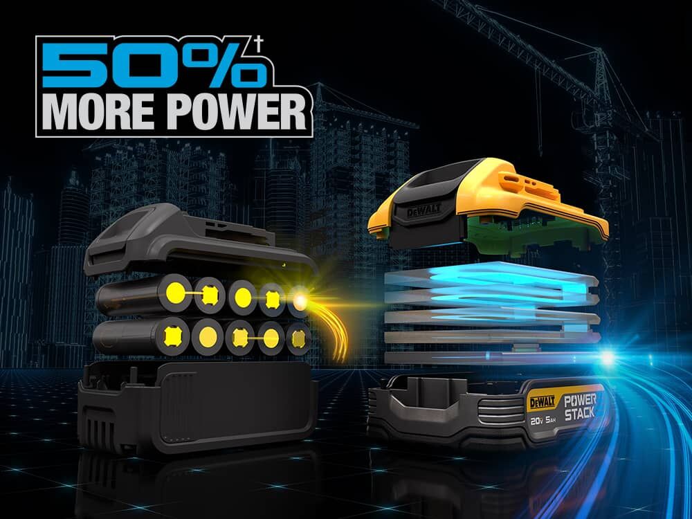 dewalt powerstack five amp hour battery with fifty percent more power exposing the internal cells next to a grayed out cylindrical battery dewalt powerstack five amp hour battery with fifty percent more power exposing the internal cells next to a grayed out cylindrical battery