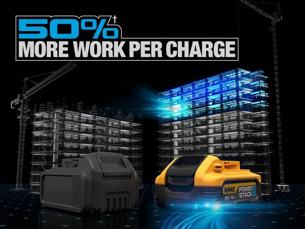 dewalt powerstack five amp hour battery with text reading fifty percent more work per charge next to a gray cylindrical battery dewalt powerstack five amp hour battery with text reading fifty percent more work per charge next to a gray cylindrical battery