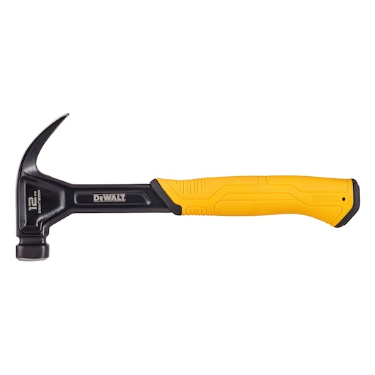 Left profile of 12 ounce steel curved claw nailing hammer.