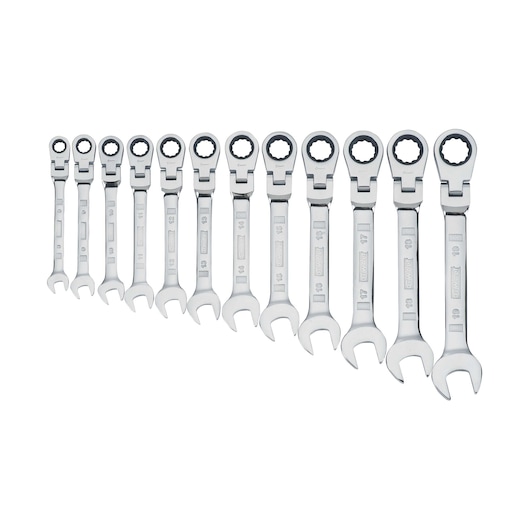 Profile of DEWALT 12 piece flex head ratcheting metric wrench set.