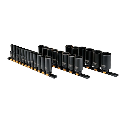 Profile of 6 point DEWALT 26 piece half inch drive deep metric impact socket set.
