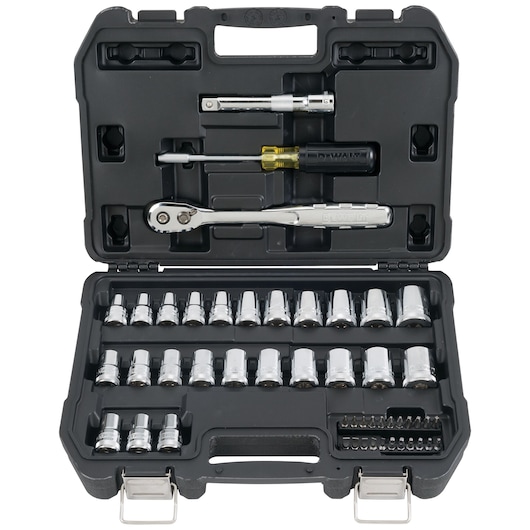 Profile of DEWALT 49 piece mechanics tool set assembled in its case.
