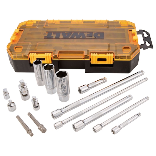 Profile of DEWALT 15 piece drive tool accessory set with its case.
