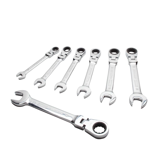 Profile of DEWALT 7 piece ratcheting flex head combination metric wrench set.