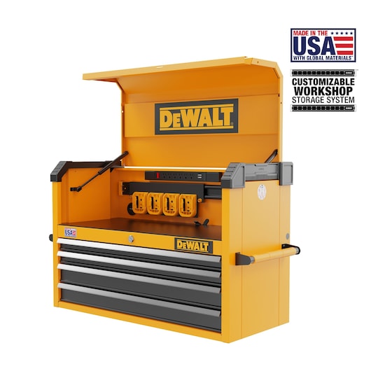 Three-Quarter View of DEWALT(®) 37 inch 4-Drawer Tool Chest Featuring Customizable Storage and Made in the USA Logos on White