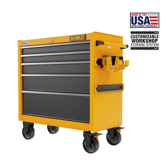 Three-Quarter View of DEWALT(®) 37 inch 5-Drawer Rolling Tool Cabinet Featuring Customizable Storage and Made in the USA Logos on White
