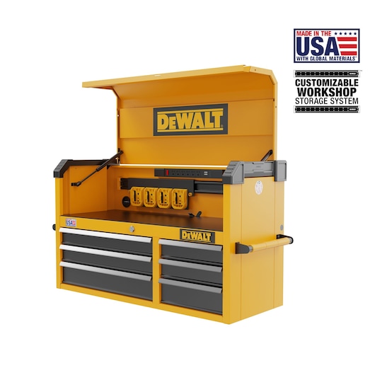 Three-Quarter View of DEWALT(®) 41 inch 6-Drawer Tool Chest Featuring Customizable Storage and Made in the USA Logos on White