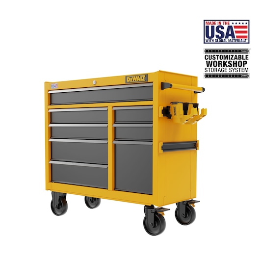 Three-Quarter View of DEWALT(®) 41 inch 8-Drawer Rolling Tool Cabinet Featuring Customizable Storage and Made in the USA Logos on White