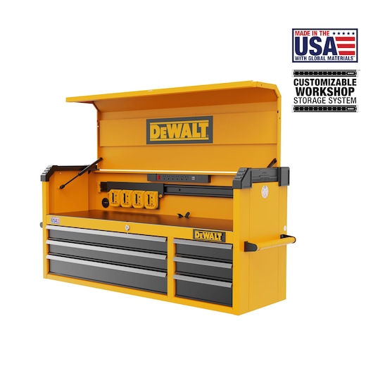 Three-Quarter View of DEWALT(®) 52 inch 6-Drawer Tool Chest Featuring Customizable Storage and Made in the USA Logos on White