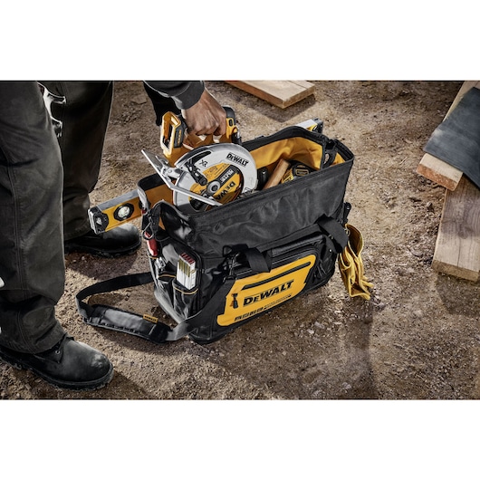 DEWALT 20 INCH PRO OPEN MOUTH TOOL BAG ON JOBSITE