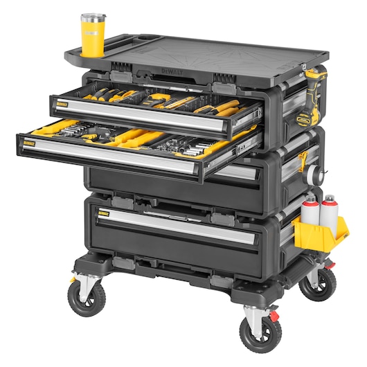 TOUGHSYSTEM® 2.0 DXL™ 5 in 1 Tower with Tools Hanging on Hooks, and tools laying in the drawers.