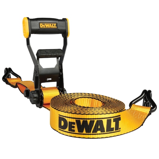 Black and yellow heavy duty ratchet strap with J hooks